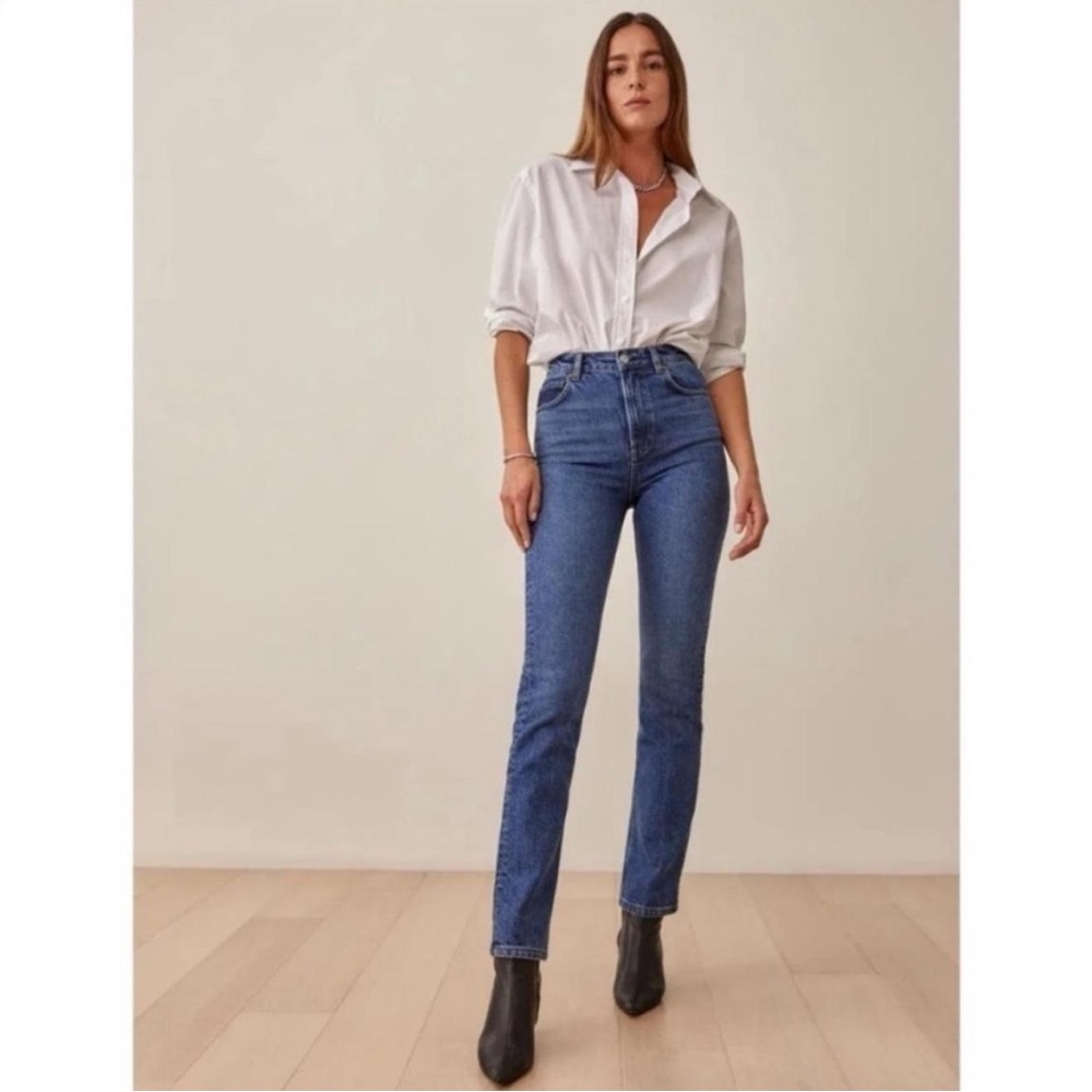Reformation Liza Ultra High Rise Straight Jeans in Icarian Wash, sz 26”